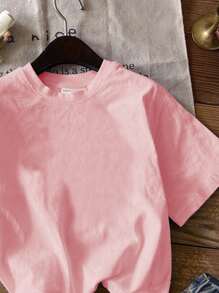 SHEIN Camiseta de manga corta, cuello redondo, informal y sencilla para niña preadolescente, adecuada para primavera y verano