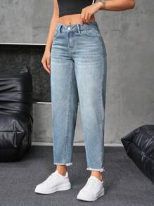 SHEIN Essnce Women's Front Button Multiple Pockets Raw Hem Minimalist Style Denim Jeans, Casual Wear