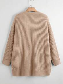 SHEIN LUNE 大码长袖口袋前开式休闲宽松开衫，适合冬季 - 卡其色 - 查看 2