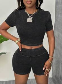 Slaydiva 2pcs/Set New Casual Basic Solid Color Textured Short Sleeve Top And Shorts For Women, Suitable For Home And Daily Wear - Black - View 8