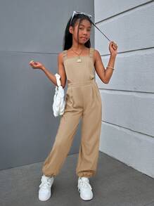 SHEIN Trendy Tween Girl geweven effen kleur jumpsuit met gekruiste rugbanden, mouwloos voor lente/zomer casual streetstyle