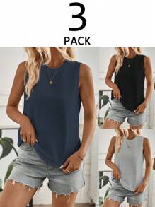 SHEIN LUNE Top casual a costine senza maniche con scollo a girocollo in colore unito, estivo - Multicolore - Visualizzare 3