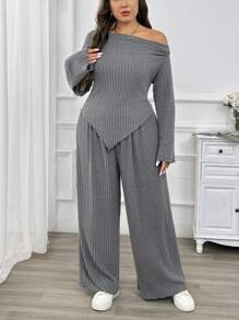 SHEIN Privé 大码女式休闲柔软舒适日常修身保暖分层单肩露肩下摆长袖灰色 T 恤和松紧腰灰色裤子 2 件套，春秋 - 灰色 - 查看 3