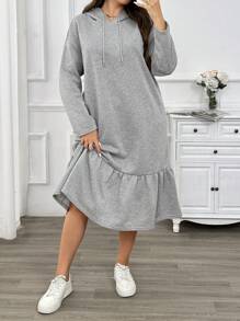 SHEIN Privé 加大码舒适休闲简约连帽抽绳长袖荷叶边饰边灰色女式连衣裙 - 灰色 - 查看 6