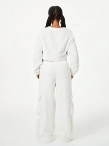 SHEIN EZwear Bộ quần áo nỉ dài tay rộng rãi lót nhiệt cho nữ - trắng - Xem 2
