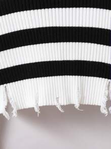 Áo len chui đầu tay dài cổ tròn rách sọc ngắn cho bé gái tuổi teen, thời trang thường ngày - Đen và trắng - Xem 5