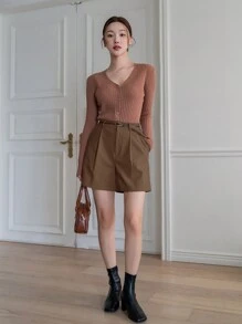 DAZY 纯色高腰褶皱口袋女式短裤，秋装 - 咖啡棕 - 查看 3