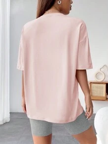 Flirla Casual Multicolor Letter Round Neck Drop Shoulder Tee With Bermuda Biker Shorts Two Piece Outfit For Women - Multicolor - View 2