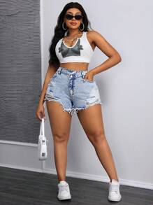 SHEIN SXY 加大尺碼輕微磨損牛仔短褲 - 淺色水洗藍 - 查看 5