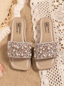 Summer Girls Rhinestone & Pearl Decor Beach Sandals, Fashionable Open Toe Flat Princess Slides, Suitable For Students And Outdoor Wear (Handmade Rhinestone Placement Slightly Uneven, Random Sole Color)