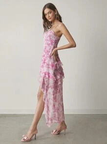 Enchnt 女式夏季优雅花朵满印花荷叶边不对称下摆吊带连衣裙 - 淺粉色 - 查看 7