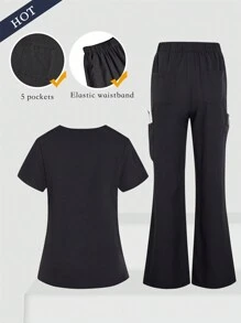 TaskEZ 2pcs Women Healthcare Uniform - Solid Color V-Neck Blouse & Slit Long Pants, Scrub Sets - Black - View 2