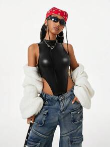 Coolane Women's Fall/Winter Y2K Date Night Essentials Leather Turtleneck Off Shoulder Bodysuit,Back To School,Rave Festival Outfits