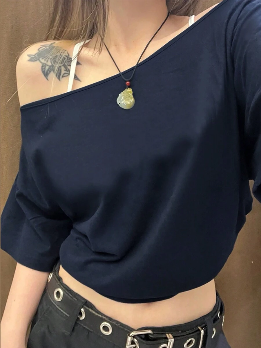 SHEIN EZwear Off Shoulder Short Sleeve Cropped Top, Casual Everyday Wear - Navy Blue - View 1