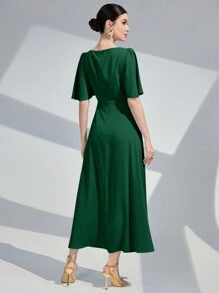 Modelyn Vestido largo de noche de mujer de manga corta con cuello redondo y volantes de unicolor - Verde Oscuro - Ver 2