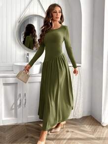 SHEIN Privé 1 pieza Vestido largo de manga larga de verde oliva, de cuello redondo, ajustado y elegante para mujer - Verde militar - Ver 4