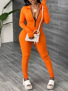 Slaydiva Minimalist Casual Basic Athletic Mock Neck Zippered Long Sleeve & Ankle Cuff Ribbed Stretchy Fitted Jumpsuit - Orange - Orange - View 4
