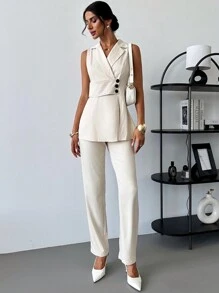 SHEIN Privé Conjunto de chaleco blazer sin mangas con detalles de botones en el cuello y dobladillo dividido, y pantalones de pierna ancha, diseño elegante para mujer