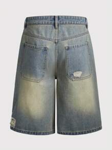 ROMWE MEN Street Life Pantalones cortos vaqueros con estampado de texto de llama recortados para hombres, estilo callejero vintage, para la escuela - Azul - Ver 2