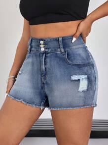 SHEIN EZwear Damen Große Größen Denim Shorts mit Stickerei Verzierung