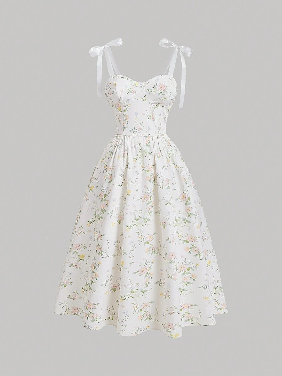 SHEIN MOD Plus Size Floral Bowknot Shoulder Tie Bustier Style Sundress,Beach Dress Sundress,Holiday Outfits Boho,Corset Dress,Birthday Dresses For Women