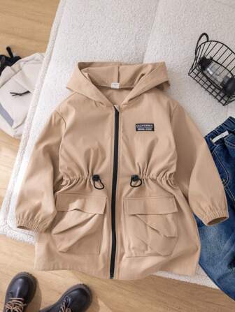 SHEIN Tween Boys verlengde maat lente/herfst casual jack met capuchon met trekkoord, tailleband en zakken