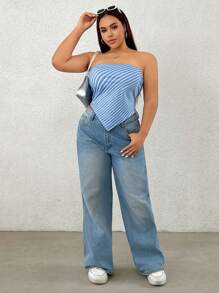SHEIN EZwear Plus Size Casual Street Wear Plaid Bandeau Backless Striped Design Fashion Blouse