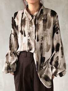 FRIFUL Áo cánh rộng nhuộm loang thường ngày cho nữ, mùa xuân/thu, áo dài tay, quần áo nữ mùa thu, áo thun họa tiết - Xám - Xem 3