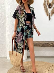 Breezaya Conjunto de 2 peças estampado estilo havaiano para mulheres para o verão - Preto - Visão 3