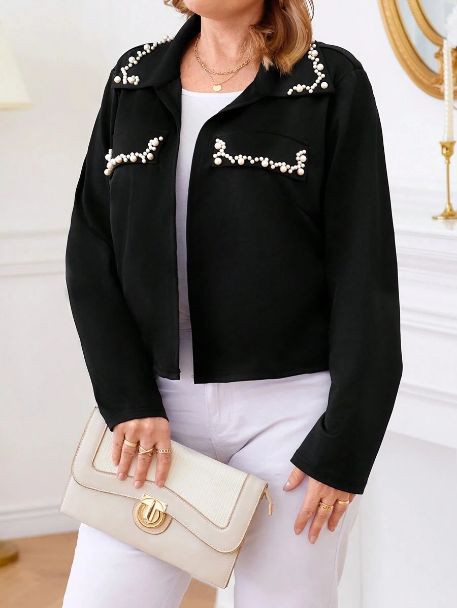 Plus Size Long Sleeve Beaded Fashion Casual Jacket - Black - View 1