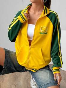 SHEIN Unity Áo khoác bomber nữ in hình tay áo Raglan thông thường - Màu vàng - Xem 3