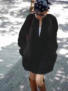 INAWLY Áo sơ mi dài tay rộng rãi màu đen đơn sắc cho nữ, mùa xuân và mùa thu - màu đen - Xem 5