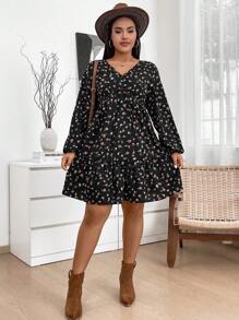 SHEIN LUNE Vestido de manga larga con cuello en V y volantes, con estampado floral desaliñado, para uso casual diario en otoño, en tallas grandes