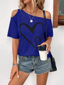 SHEIN LUNE Women's Casual Heart Print Asymmetrical Neck T-Shirt, Summer