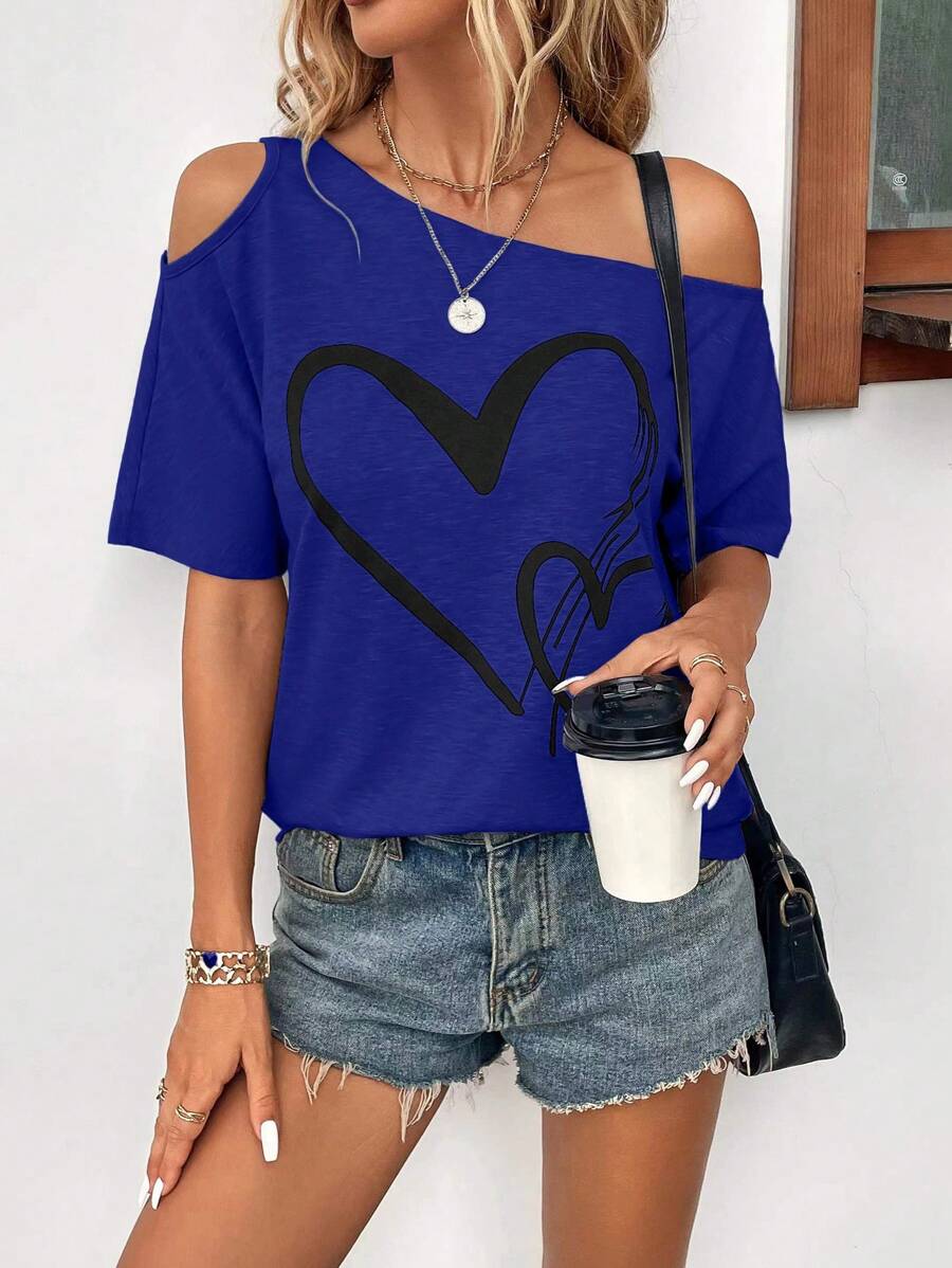 SHEIN LUNE Women's Casual Heart Print Asymmetrical Neck T-Shirt, Summer