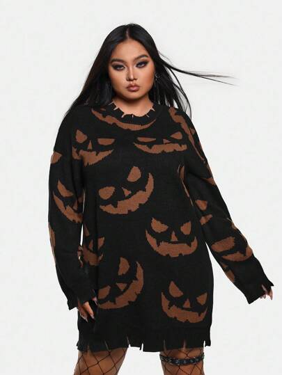 Maryam Alam Artist Plus Size Y2K Halloween Black Knitted Jacquard Sweater, Holiday, Winter, Vacation, New Year, Festival