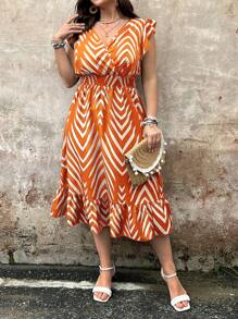 SHEIN Clasi Đầm dài thanh lịch cổ chữ V in họa tiết xương cá cỡ lớn mùa hè cho nữ - trái cam - Xem 1