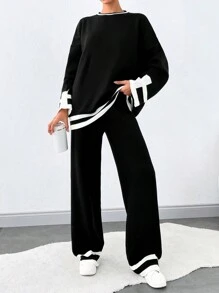 SHEIN Tall Collared Drop Shoulder Sweater Two Piece Set - Black and White - View 1