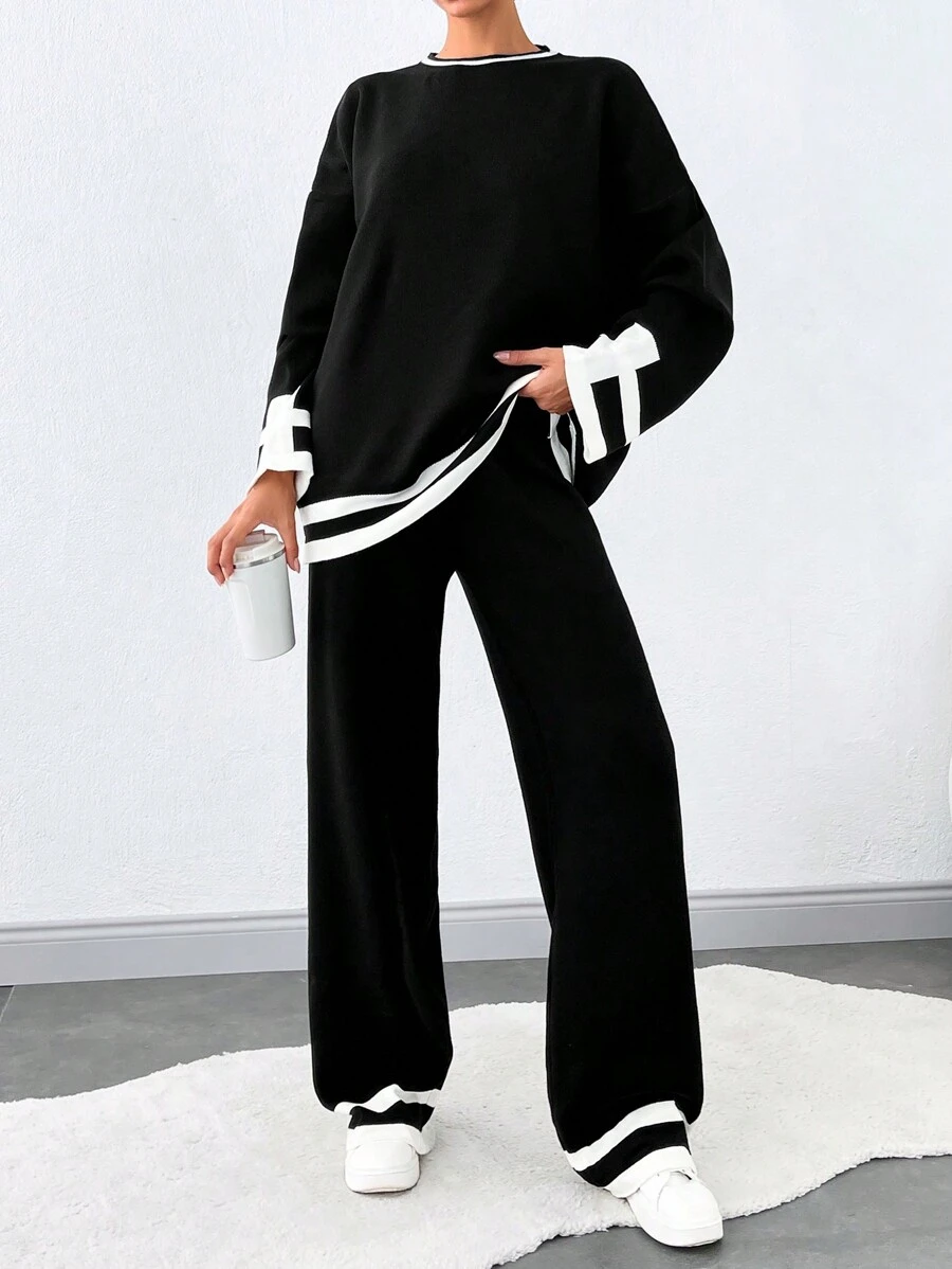 SHEIN Tall Collared Drop Shoulder Sweater Two Piece Set - Black and White - View 1