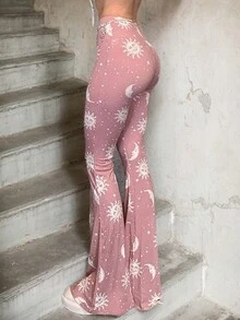 女式太阳月亮印花喇叭裤 - 粉色 - 查看 5