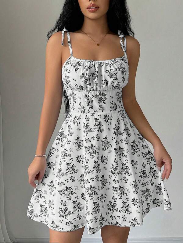 Breezaya 女士花卉印花褶皱前开襟吊带背心连衣裙迷你短款女装