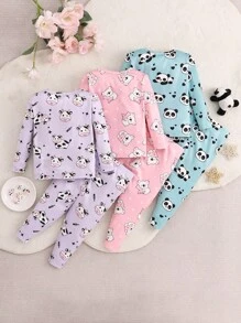 SHEIN 女宝宝舒适贴身可爱动物图案长袖长裤针织舒适休闲亲肤家居睡衣套装六件套 - 彩色 - 查看 2