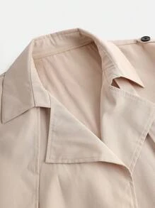 SHEIN 少女卡其色翻领风衣肩部袖口长款双排扣休闲风衣 - 卡其色 - 查看 3