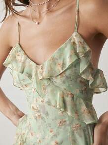 Enchnt Women Floral Print Ruffle Trim Spaghetti Strap Dress,Sweet&Elegant Outfit For Valentine's Day&Christmas Party&New Years&Birthday&Holiday &Sweet Date Night,Sage Green Dress