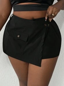 Slaydiva Plus Size Summer Sexy Solid Color Asymmetrical Wrap Shorts - Black - View 3