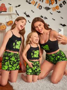 SHEIN Tween Girl Halloween Glow-In-The-Dark Cartoon Print Camisole & Shorts Knit Comfortable Casual Pajamas 2-Piece Set, Mommy And Me Matching Outfits (3 Sets Sold Separately)