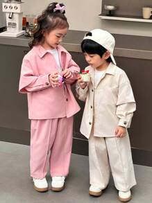 SHEIN Little Byeori 2pcs Young Boys Korean Style Casual College Oversized Solid Color 2 In 1 Long Sleeve Collar Pocket Cardigan Shirt And Elastic Waist Straight Leg Pants Set, Suitable For Outings, School, Festivals, Parties, Fleece Thickened - Khaki - View 3