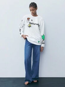 Maija Women's Simple Floral Print Crew Neck Long Sleeve T-Shirt, Spring/Autumn - White - View 3