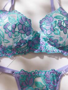 Fantasy Elegant Multicolor Floral Embroidery Sheer Bra And Panty Set - Multicolor - View 5