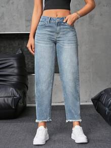 SHEIN Essnce Women's Front Button Multiple Pockets Raw Hem Minimalist Style Denim Jeans, Casual Wear